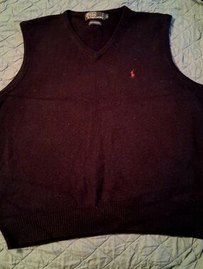 Polo Ralph Lauren Navy Blue Sz Large vintage 100% lambswool V-neck sweater vest